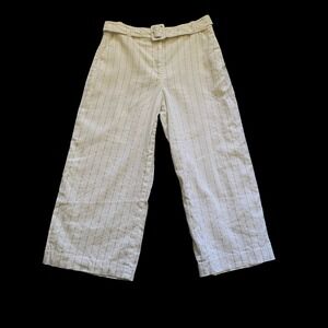 Express High Rise Crop Pants Women's 4 White Pinstripe Linen Blend Belted